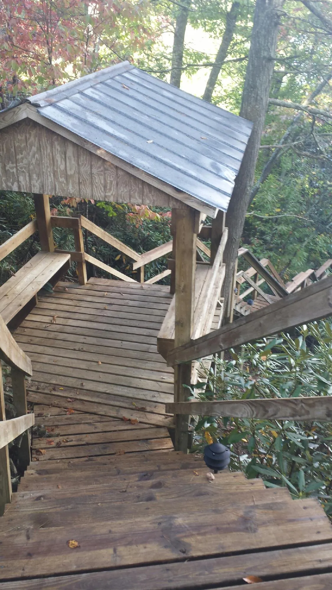 Metal roofed shelter over wooden steps on a wooded walkway — Skylight Repair & Installation work by our crew in East Lynn